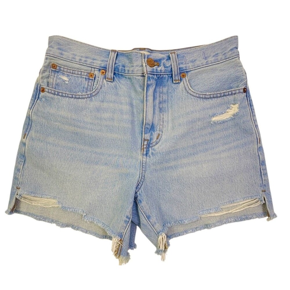 Madewell Relaxed Mid Length Denim Shorts 25 Distressed Raw Hem Light Wash